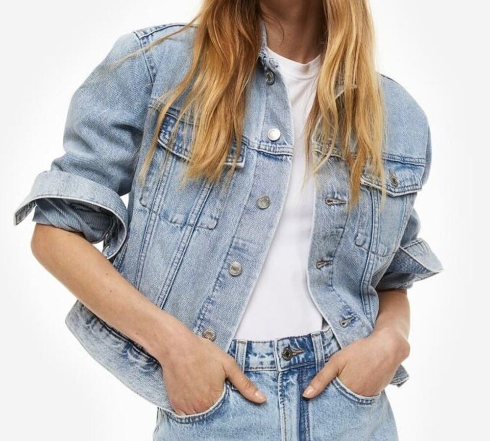 H&M Distressed Short Light Denim Jean Moto Jacket Size 10